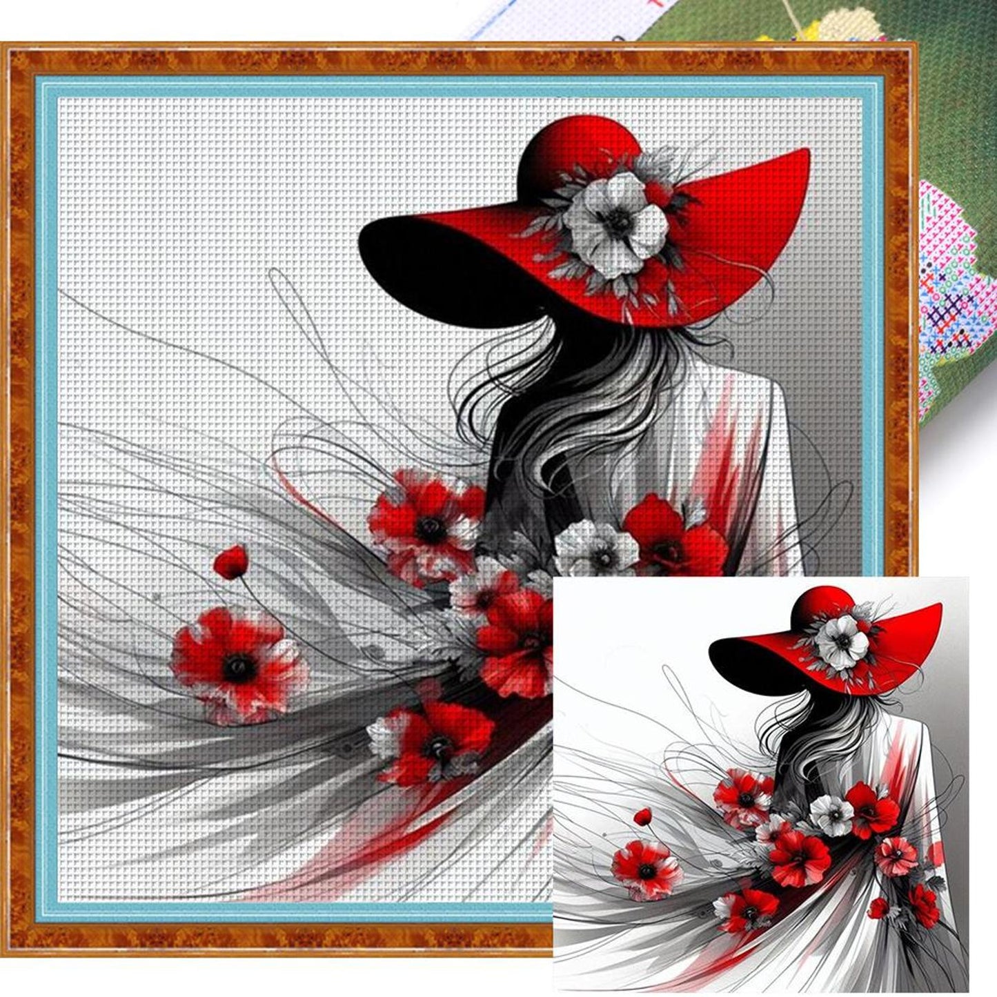 Lady With Red Hat - Full 11CT Stamped Cross Stitch 40x40CM - Huacan