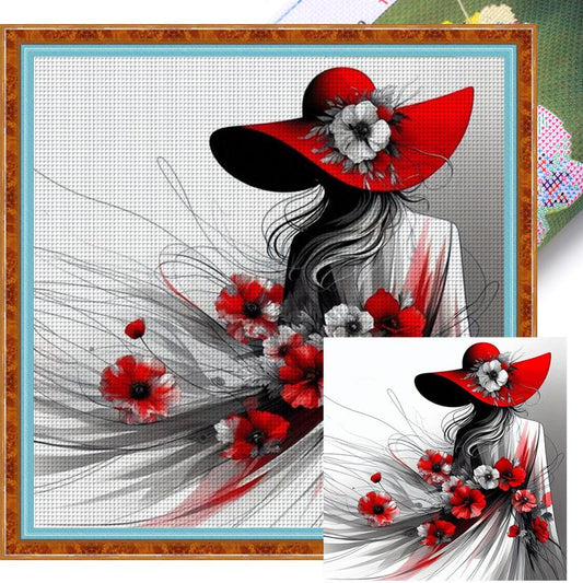 Lady With Red Hat - Full 11CT Stamped Cross Stitch 40x40CM - Huacan