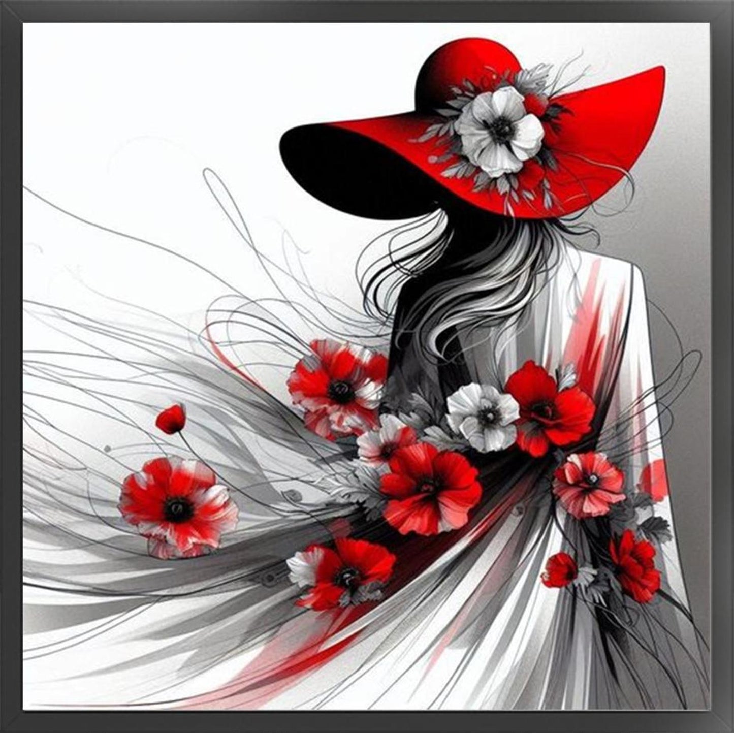 Lady With Red Hat - Full 11CT Stamped Cross Stitch 40x40CM - Huacan