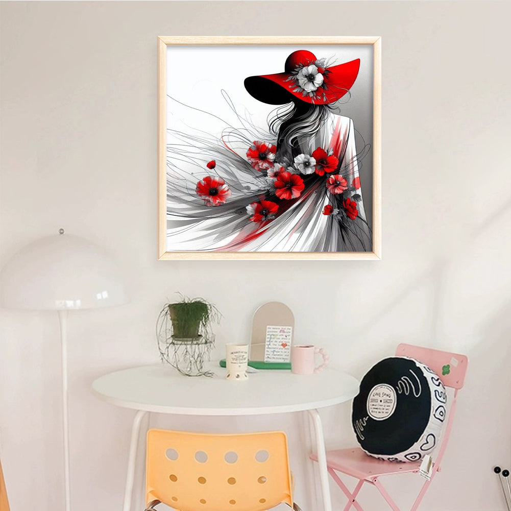 Lady With Red Hat - Full 11CT Stamped Cross Stitch 40x40CM - Huacan
