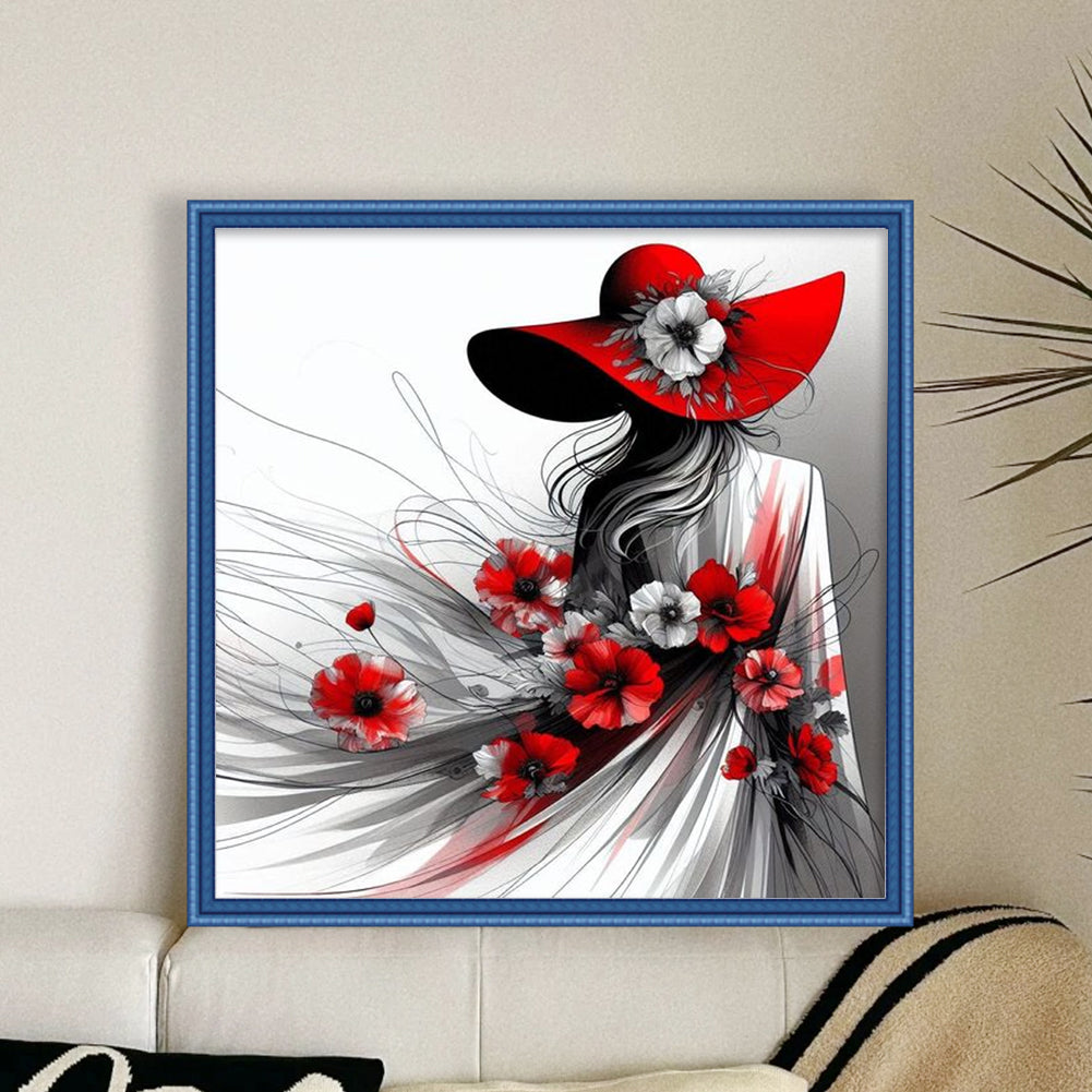 Lady With Red Hat - Full 11CT Stamped Cross Stitch 40x40CM - Huacan