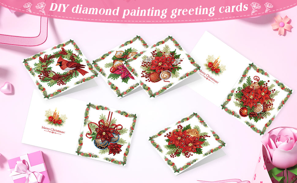 Christmas 6PCS DIY Red Flower Diamond Art Greeting Cards Congratulations Cards & Gifts