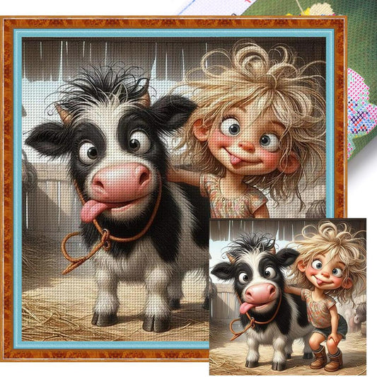 Girl And Cow - Full 11CT Stamped Cross Stitch 40x40CM - Yishu