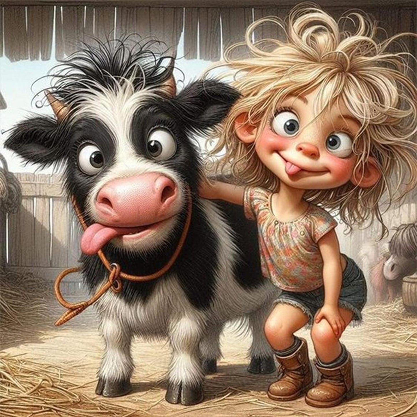 Girl And Cow - Full 11CT Stamped Cross Stitch 40x40CM - Yishu