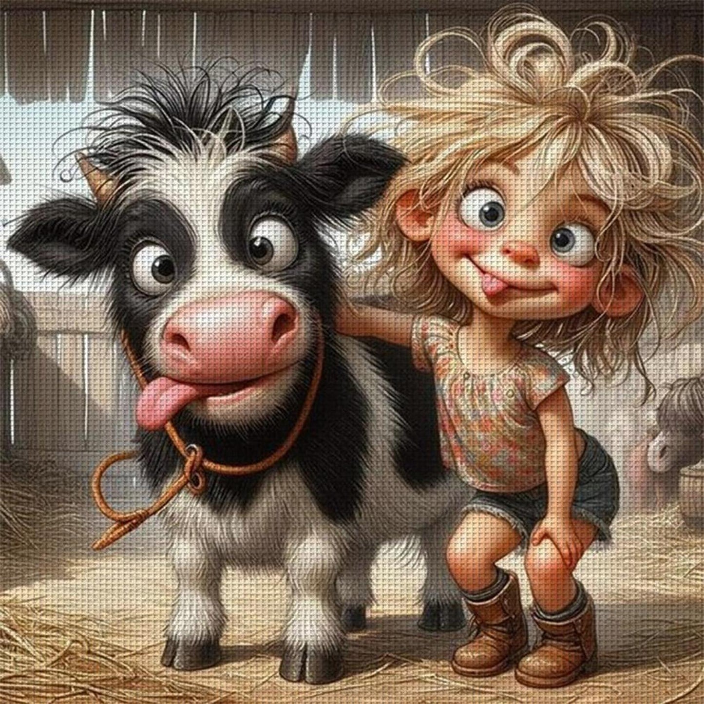 Girl And Cow - Full 11CT Stamped Cross Stitch 40x40CM - Yishu