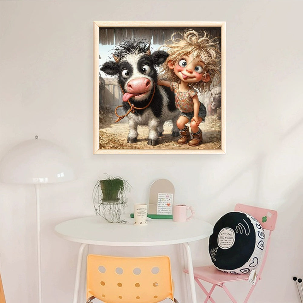 Girl And Cow - Full 11CT Stamped Cross Stitch 40x40CM - Yishu