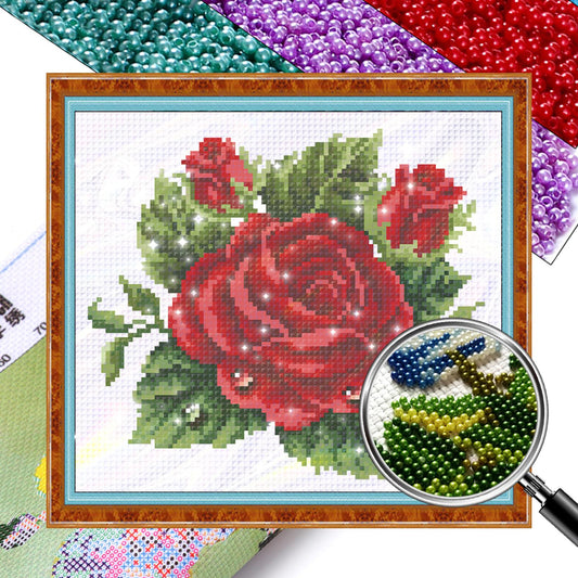Dewy Red Rose - Partial  9CT Stamped Cross Stitch - Bead Embroidery 27x24CM/10.63x9.45in