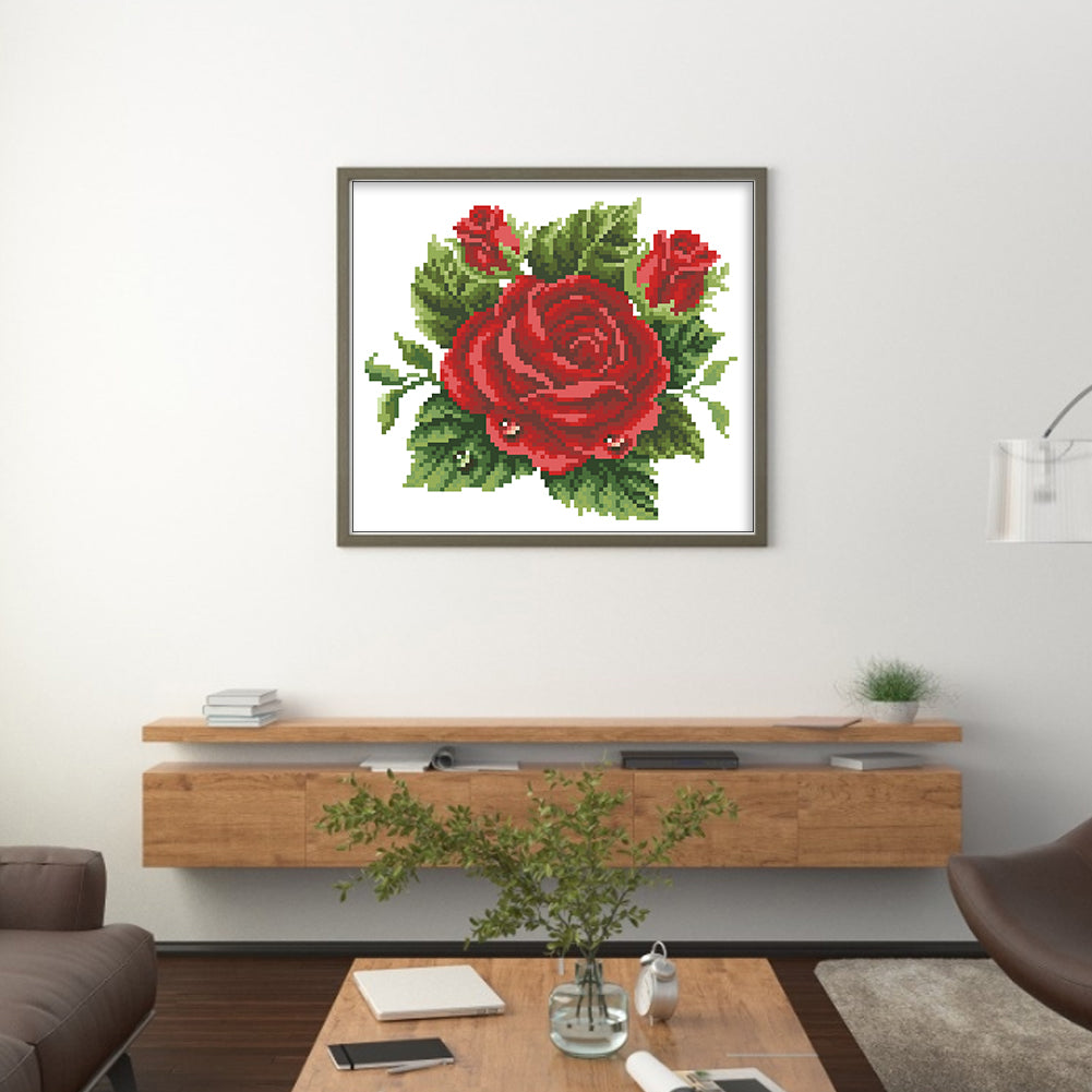 Dewy Red Rose - Partial  9CT Stamped Cross Stitch - Bead Embroidery 27x24CM/10.63x9.45in