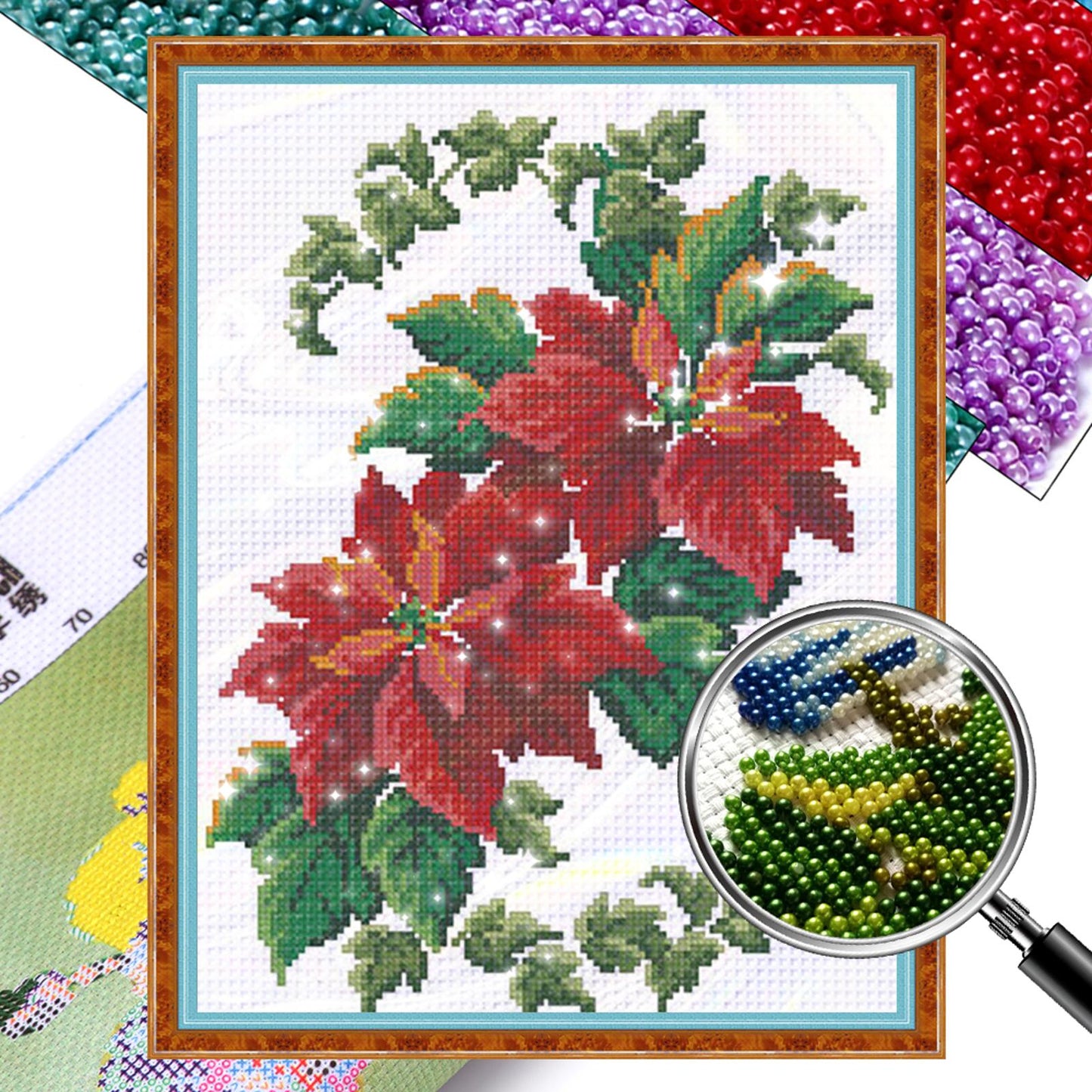 Christmas Flower - Partial  9CT Stamped Cross Stitch - Bead Embroidery 30x39CM/11.81x15.35in