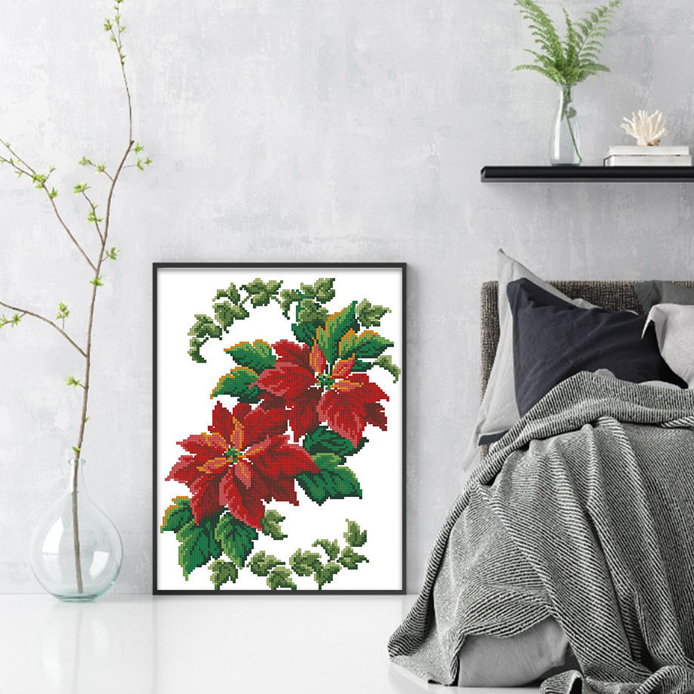 Christmas Flower - Partial  9CT Stamped Cross Stitch - Bead Embroidery 30x39CM/11.81x15.35in