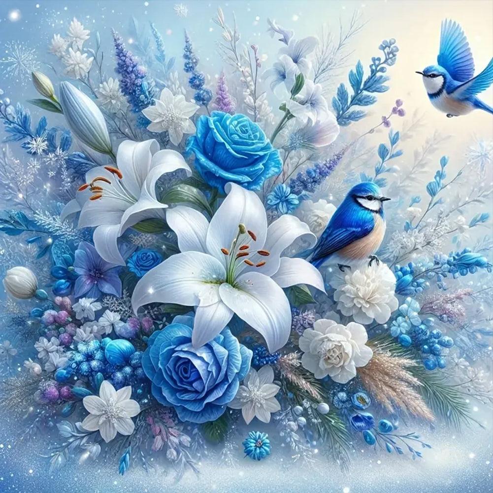 Blue Flowers And Birds 40*40CM(Canvas) Full Round Drill Diamond Painting