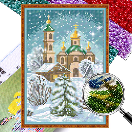 European Castle - Partial  9CT Stamped Cross Stitch - Bead Embroidery 22x32CM/8.66x12.60in