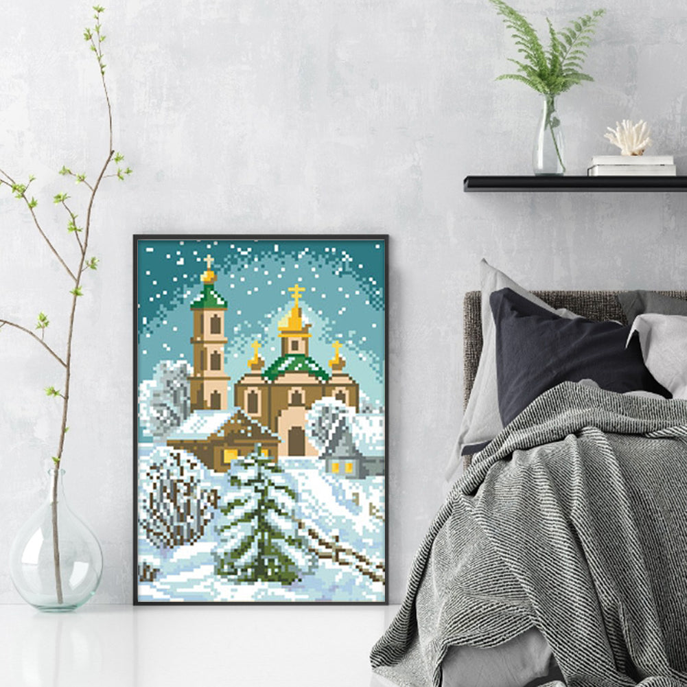 European Castle - Partial  9CT Stamped Cross Stitch - Bead Embroidery 22x32CM/8.66x12.60in