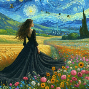 Van Gogh Starry Sky Flower Girl Back 40*40CM(Canvas) Full Round Drill Diamond Painting