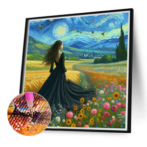 Van Gogh Starry Sky Flower Girl Back 40*40CM(Canvas) Full Round Drill Diamond Painting