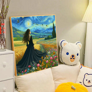 Van Gogh Starry Sky Flower Girl Back 40*40CM(Canvas) Full Round Drill Diamond Painting