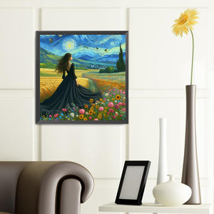 Van Gogh Starry Sky Flower Girl Back 40*40CM(Canvas) Full Round Drill Diamond Painting