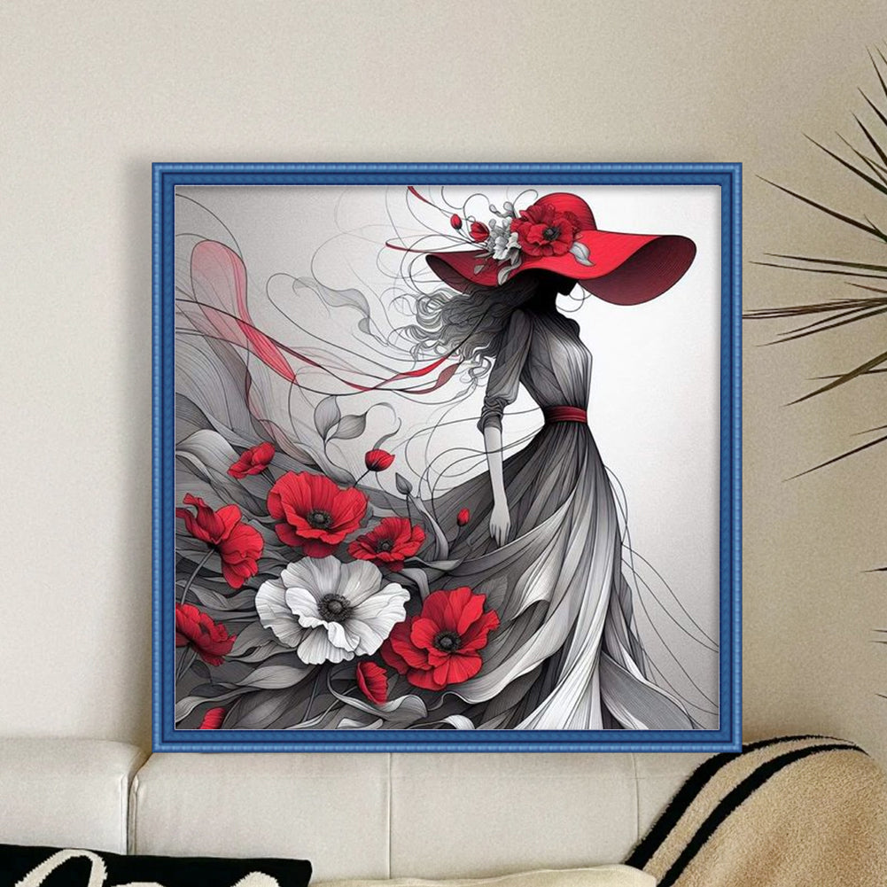 Woman And Flowers - Full 11CT Stamped Cross Stitch 40x40CM - Yishu