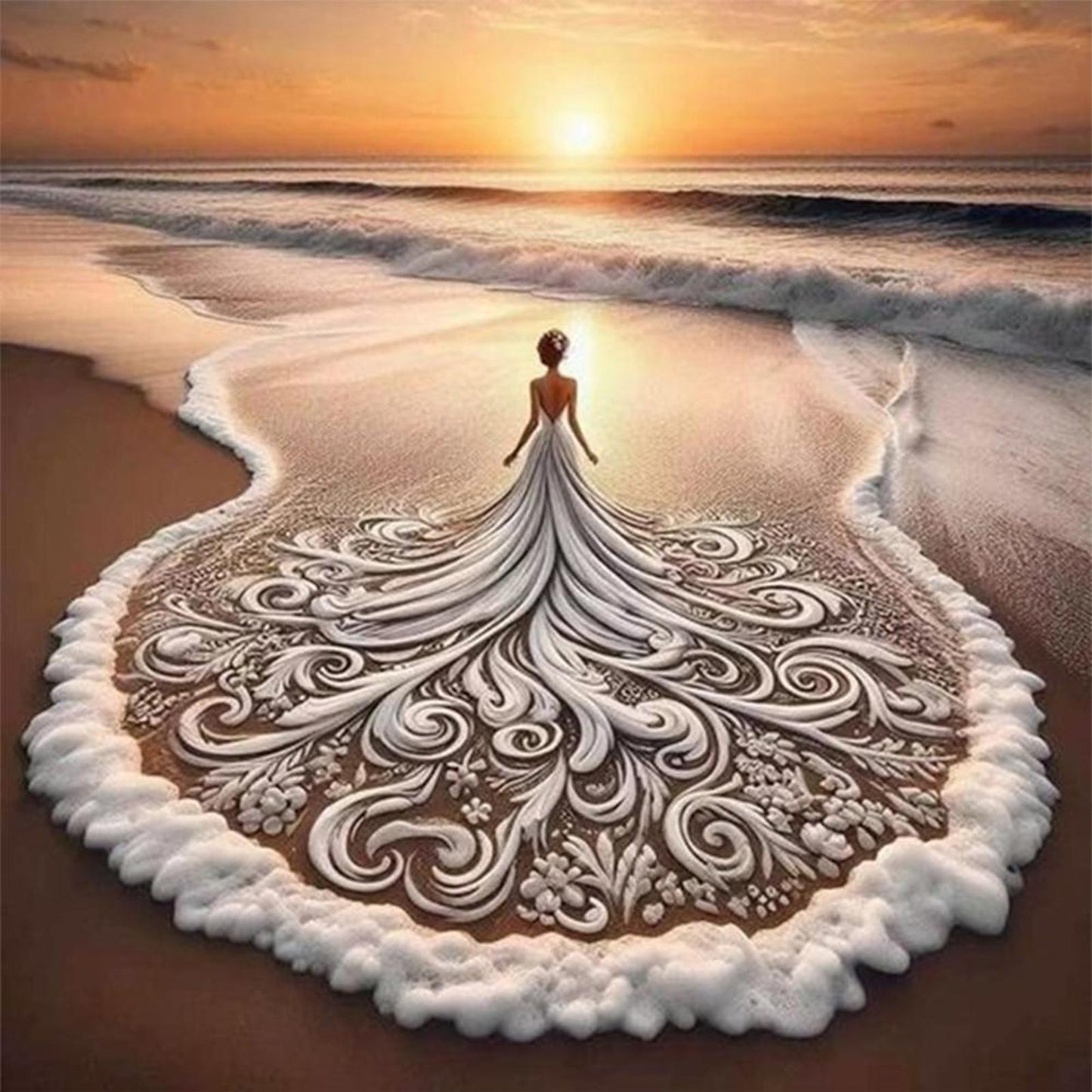 Girl In Beach Dress - Full 14CT Stamped Cross Stitch 45x45CM - Huacan
