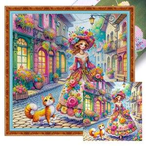 Yishu - Girl And Kitten On The Street - 50*50CM 11CT 3 Stamped Cross Stitch