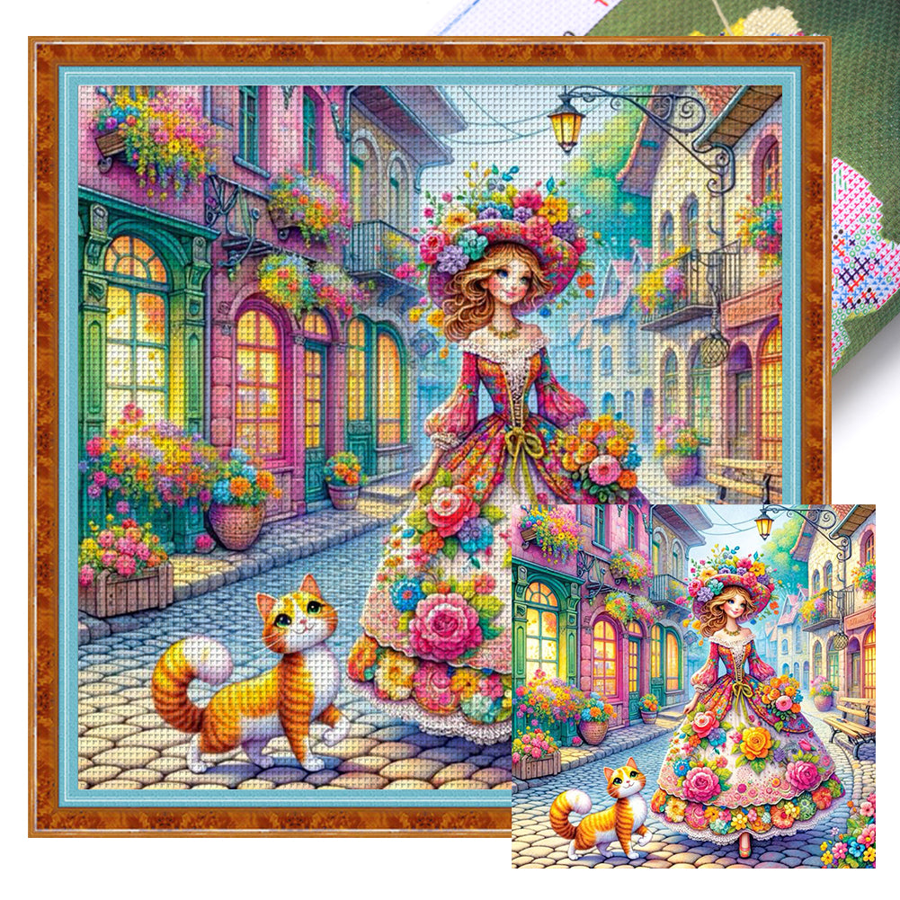 Yishu - Girl And Kitten On The Street - 50*50CM 11CT 3 Stamped Cross Stitch