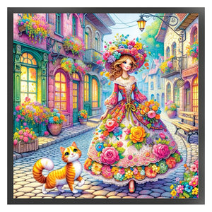 Yishu - Girl And Kitten On The Street - 50*50CM 11CT 3 Stamped Cross Stitch