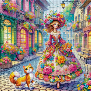 Yishu - Girl And Kitten On The Street - 50*50CM 11CT 3 Stamped Cross Stitch