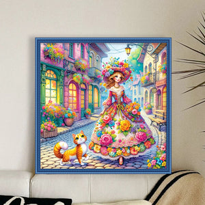 Yishu - Girl And Kitten On The Street - 50*50CM 11CT 3 Stamped Cross Stitch