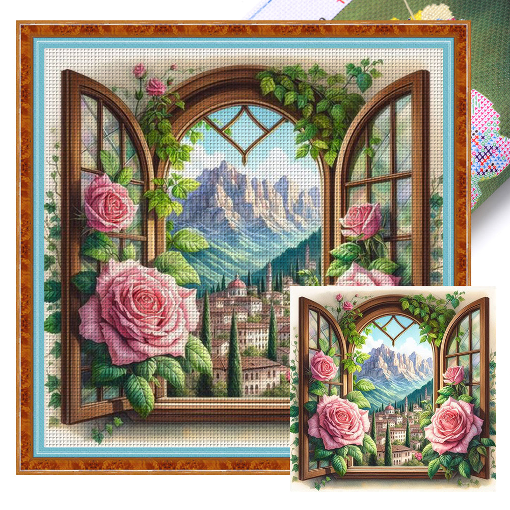 Yishu - Window And Flowers - 50*50CM 11CT 3 Stamped Cross Stitch