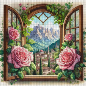 Yishu - Window And Flowers - 50*50CM 11CT 3 Stamped Cross Stitch