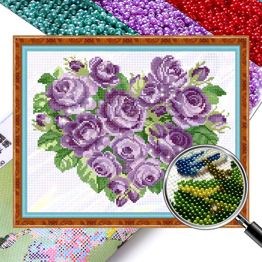 Purple Heart Rose - Partial  9CT Stamped Cross Stitch - Bead Embroidery 39x33CM/15.35x12.99in