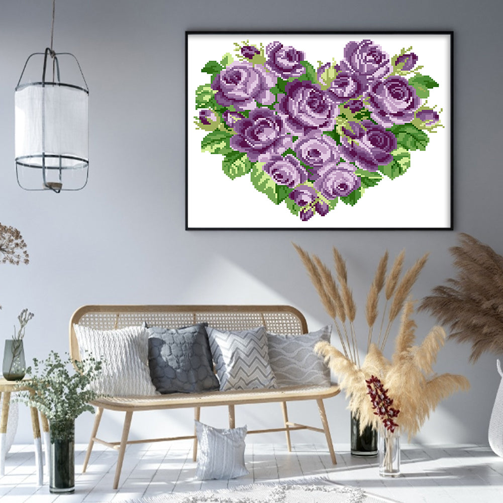 Purple Heart Rose - Partial  9CT Stamped Cross Stitch - Bead Embroidery 39x33CM/15.35x12.99in