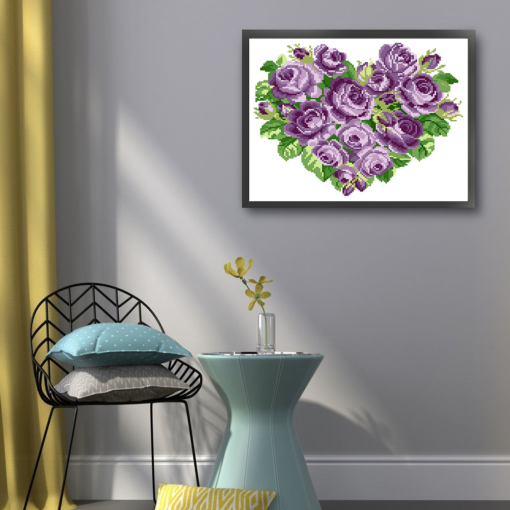 Purple Heart Rose - Partial  9CT Stamped Cross Stitch - Bead Embroidery 39x33CM/15.35x12.99in