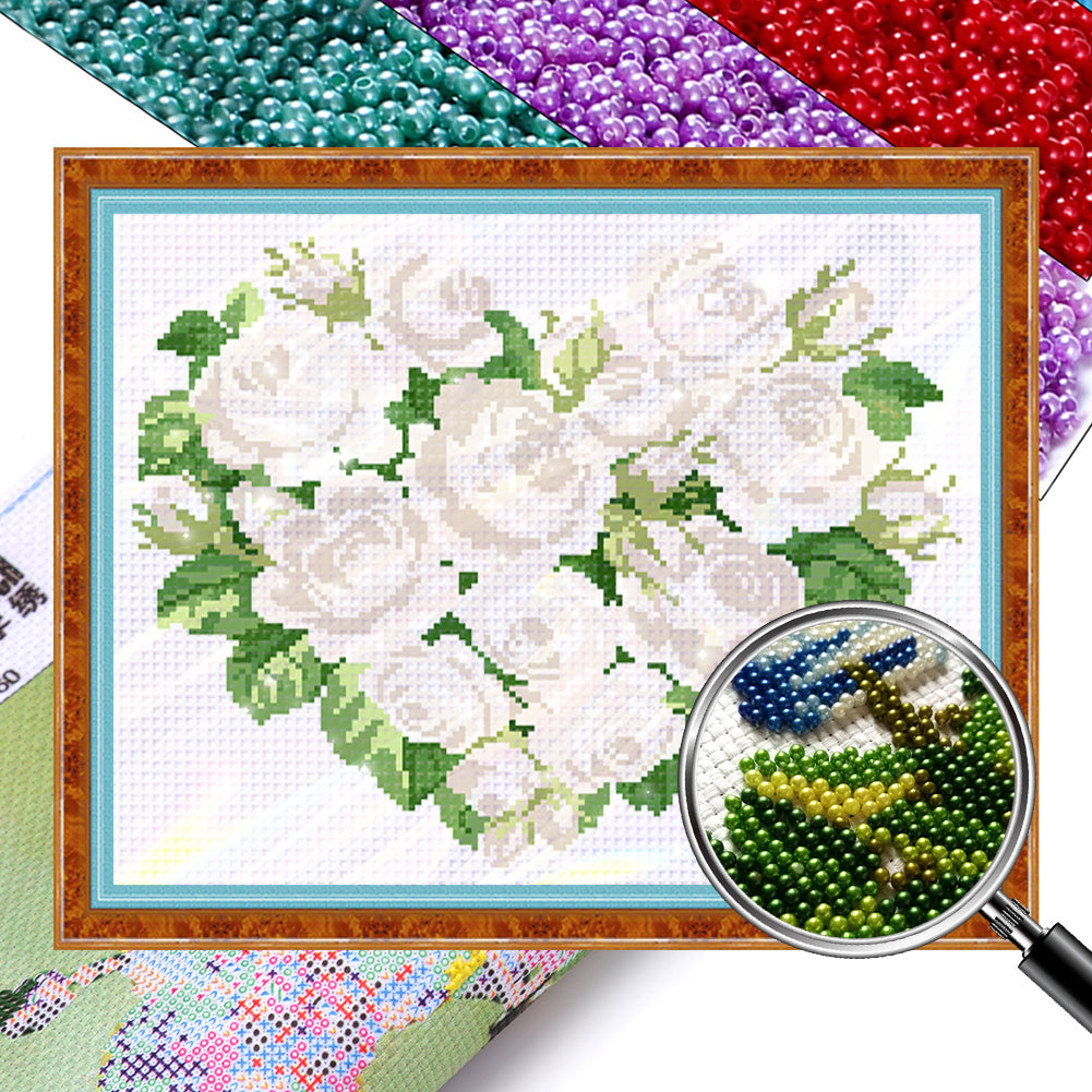 White Heart Rose - Partial  9CT Stamped Cross Stitch - Bead Embroidery 39x33CM/15.35x12.99in