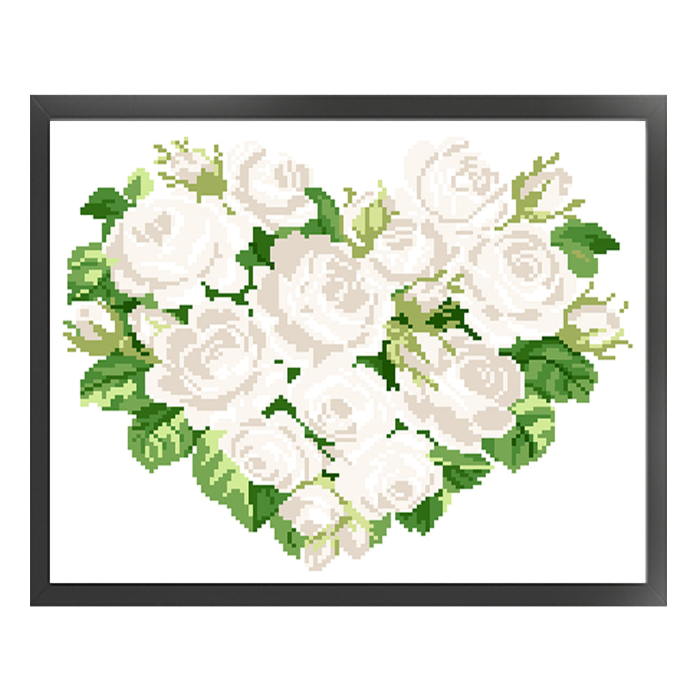 White Heart Rose - Partial  9CT Stamped Cross Stitch - Bead Embroidery 39x33CM/15.35x12.99in