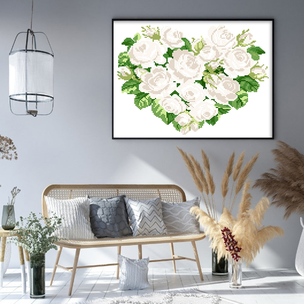 White Heart Rose - Partial  9CT Stamped Cross Stitch - Bead Embroidery 39x33CM/15.35x12.99in