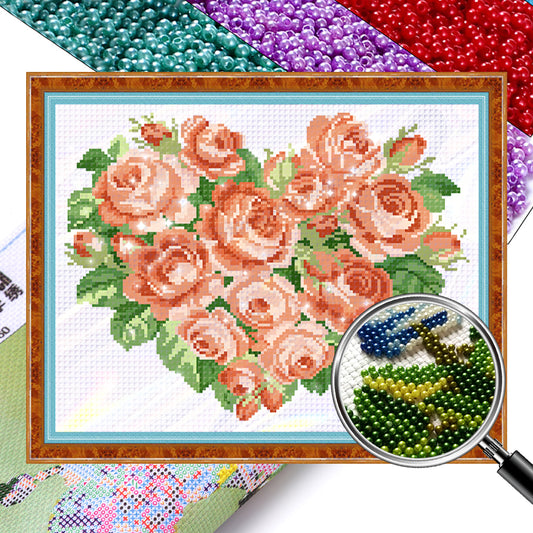 Orange Heart Rose - Partial  9CT Stamped Cross Stitch - Bead Embroidery 39x33CM/15.35x12.99in