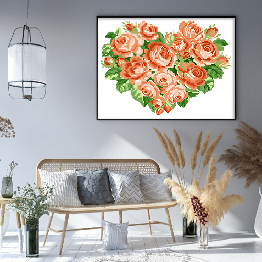 Orange Heart Rose - Partial  9CT Stamped Cross Stitch - Bead Embroidery 39x33CM/15.35x12.99in