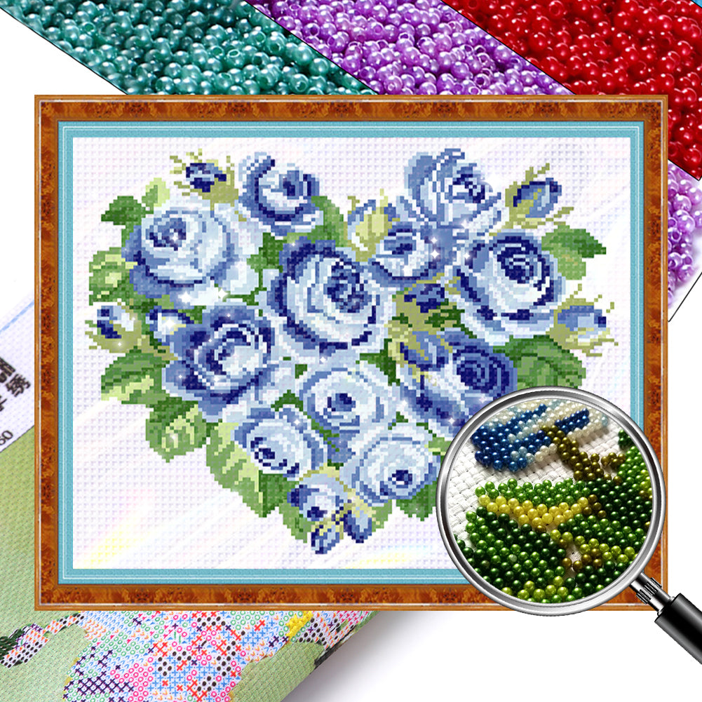 Blue Heart Rose - Partial  9CT Stamped Cross Stitch - Bead Embroidery 39x33CM/15.35x12.99in
