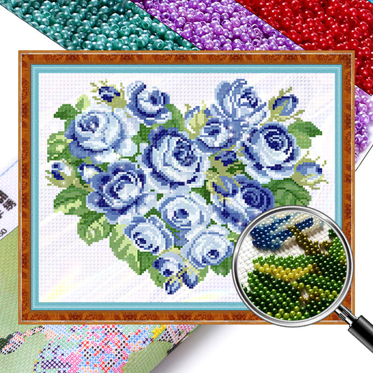 Blue Heart Rose - Partial  9CT Stamped Cross Stitch - Bead Embroidery 39x33CM/15.35x12.99in