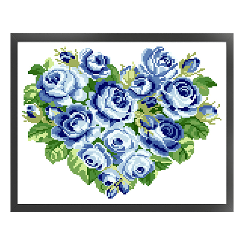 Blue Heart Rose - Partial  9CT Stamped Cross Stitch - Bead Embroidery 39x33CM/15.35x12.99in