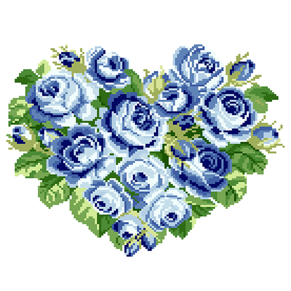 Blue Heart Rose - Partial  9CT Stamped Cross Stitch - Bead Embroidery 39x33CM/15.35x12.99in