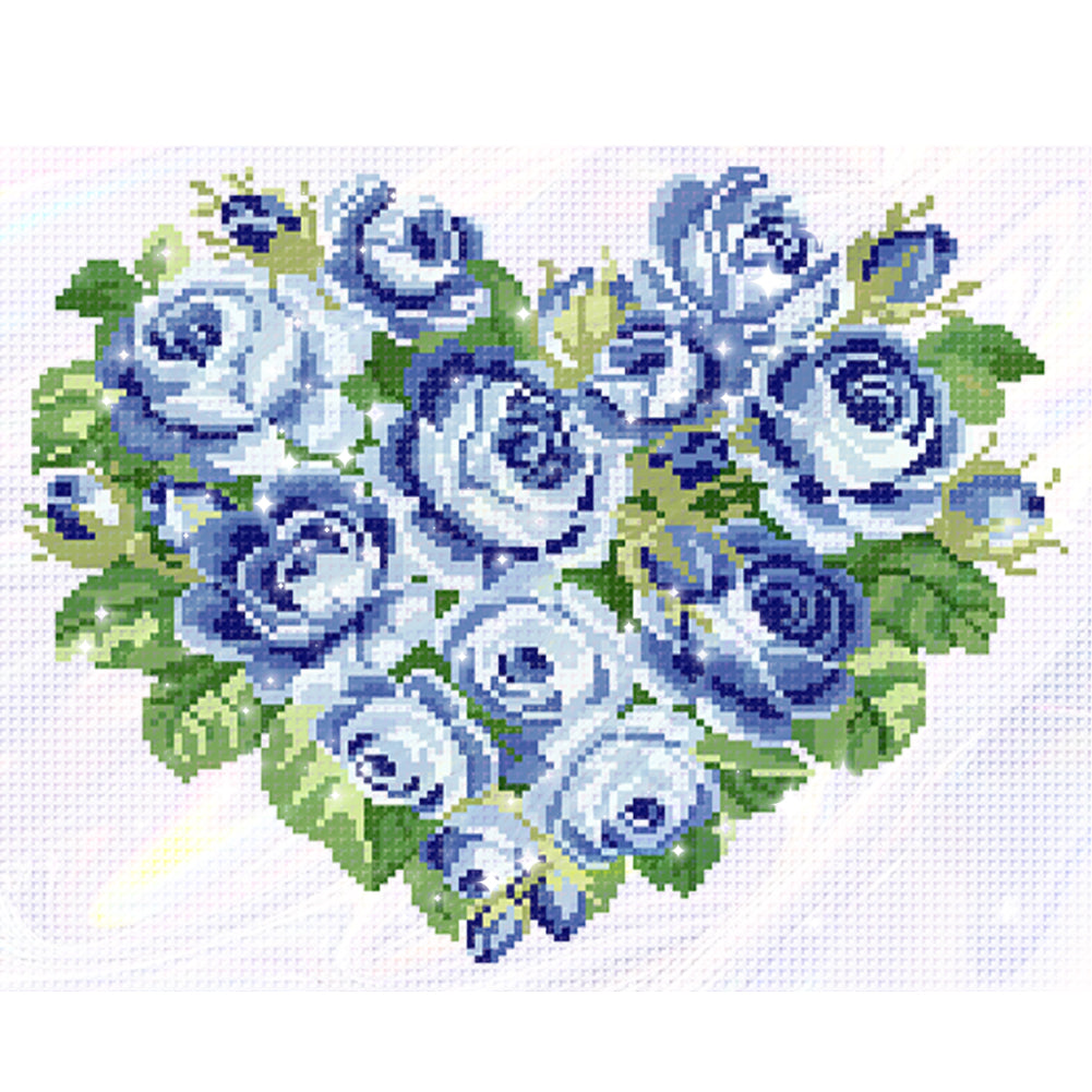 Blue Heart Rose - Partial  9CT Stamped Cross Stitch - Bead Embroidery 39x33CM/15.35x12.99in