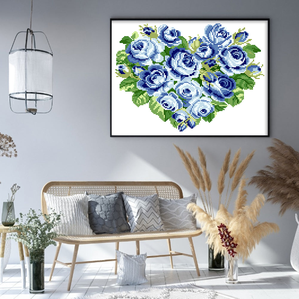 Blue Heart Rose - Partial  9CT Stamped Cross Stitch - Bead Embroidery 39x33CM/15.35x12.99in