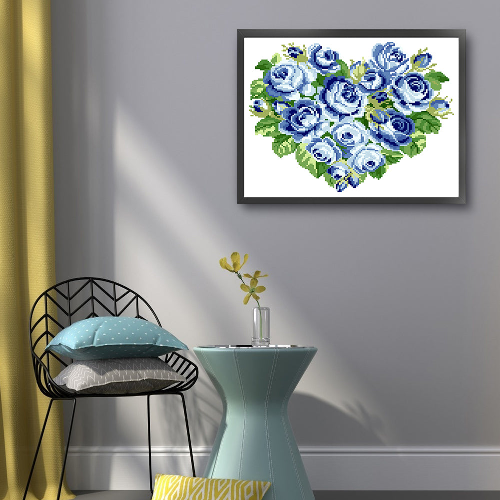 Blue Heart Rose - Partial  9CT Stamped Cross Stitch - Bead Embroidery 39x33CM/15.35x12.99in