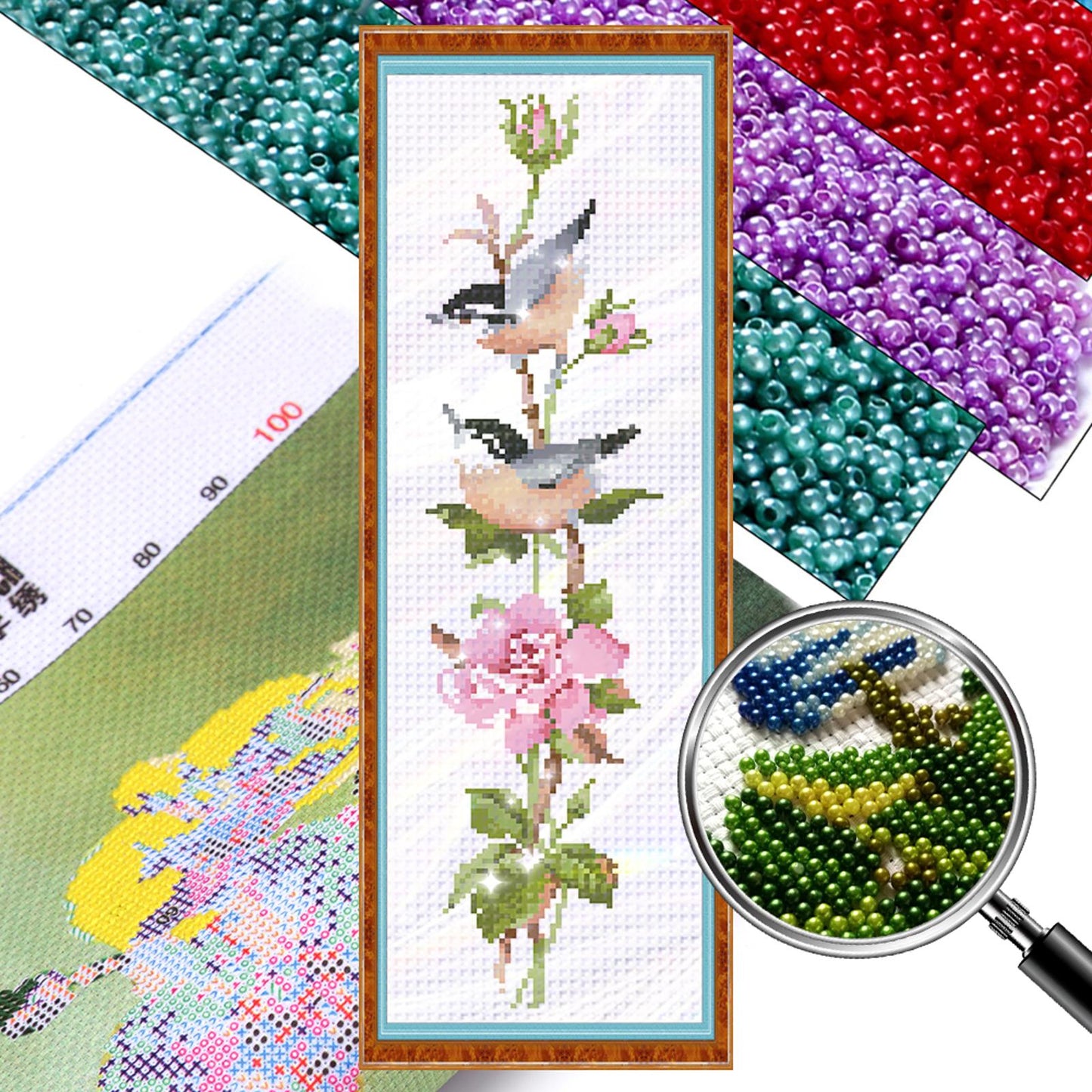 Four Seasons Flowers & Birds - Partial  9CT Stamped Cross Stitch - Bead Embroidery 16x53CM/6.30x20.87in