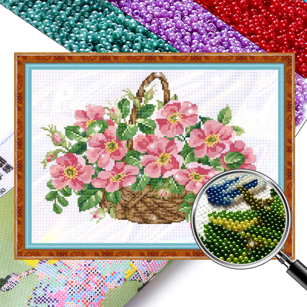 Pink Flower Basket - Partial  9CT Stamped Cross Stitch - Bead Embroidery 45x34CM/17.72x13.39in
