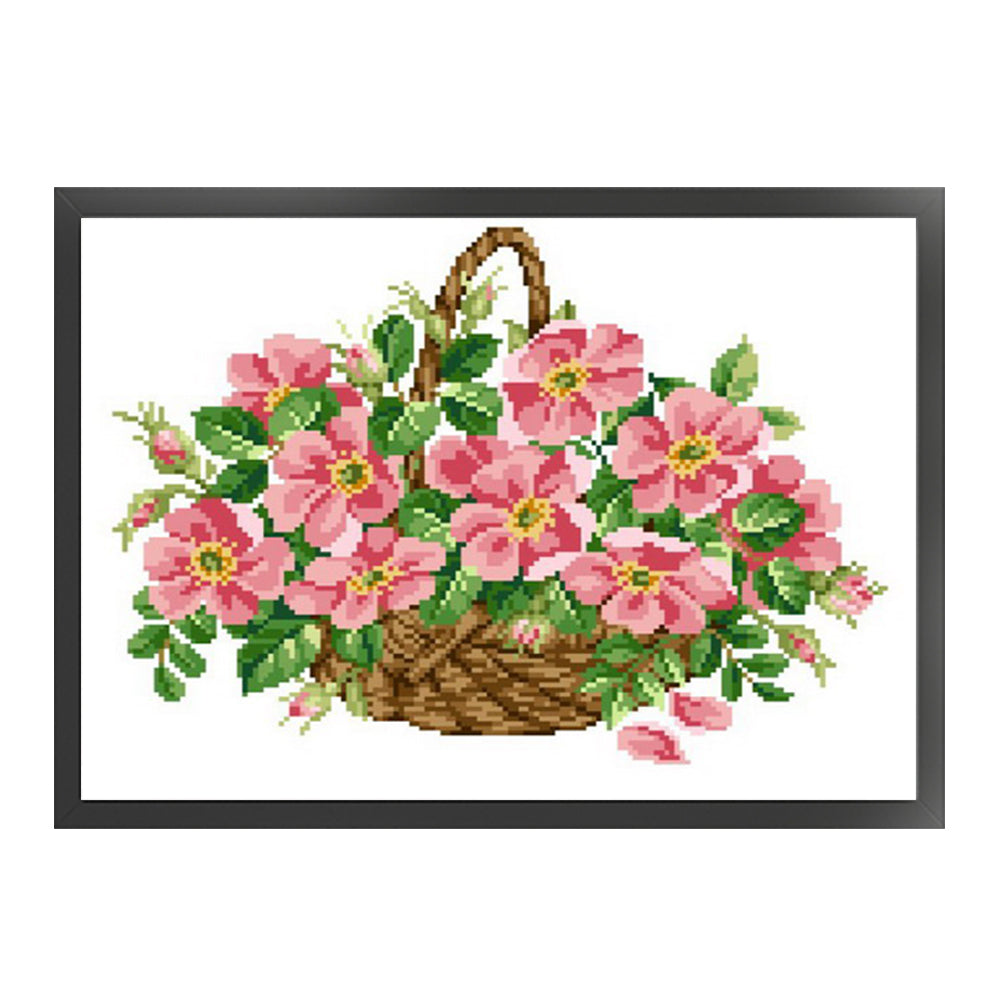Pink Flower Basket - Partial  9CT Stamped Cross Stitch - Bead Embroidery 45x34CM/17.72x13.39in