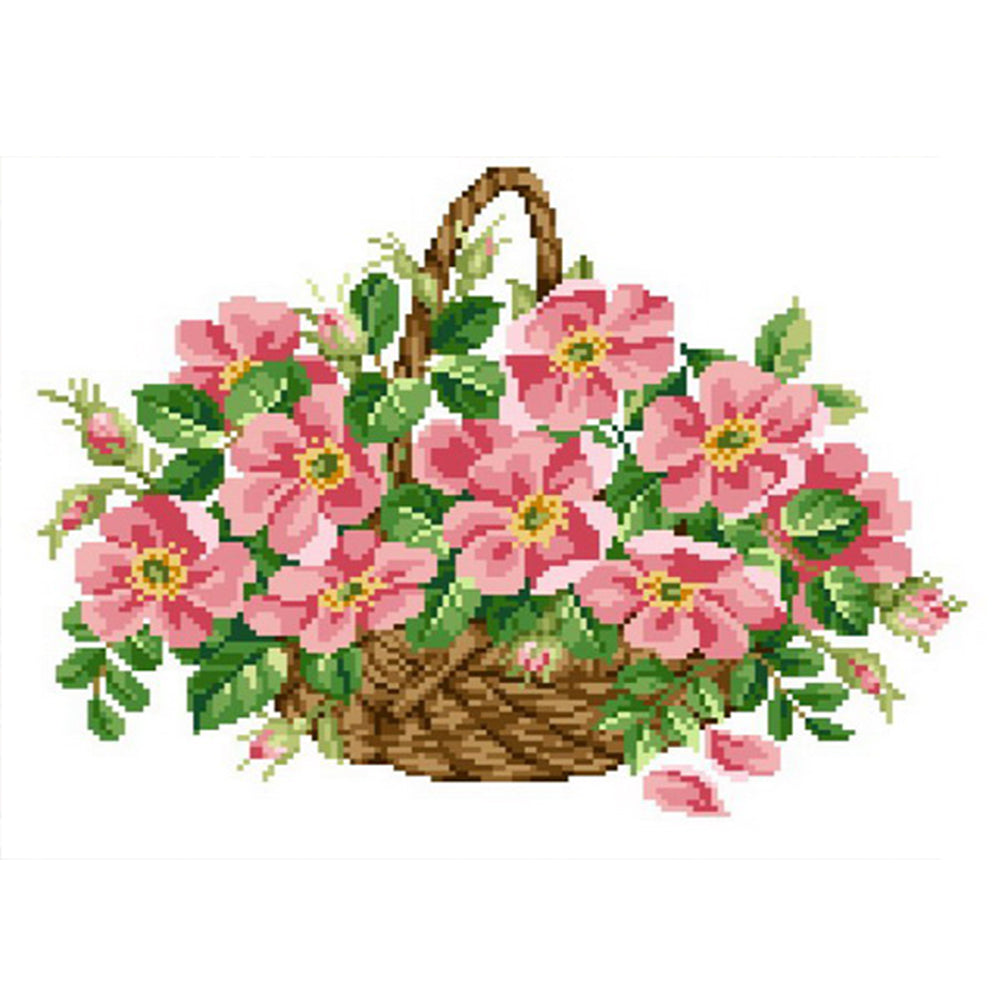 Pink Flower Basket - Partial  9CT Stamped Cross Stitch - Bead Embroidery 45x34CM/17.72x13.39in