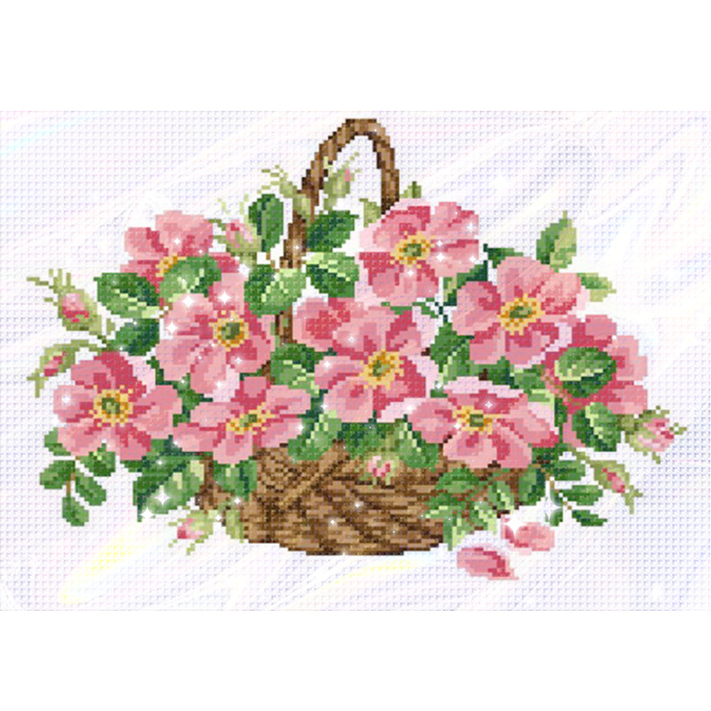 Pink Flower Basket - Partial  9CT Stamped Cross Stitch - Bead Embroidery 45x34CM/17.72x13.39in